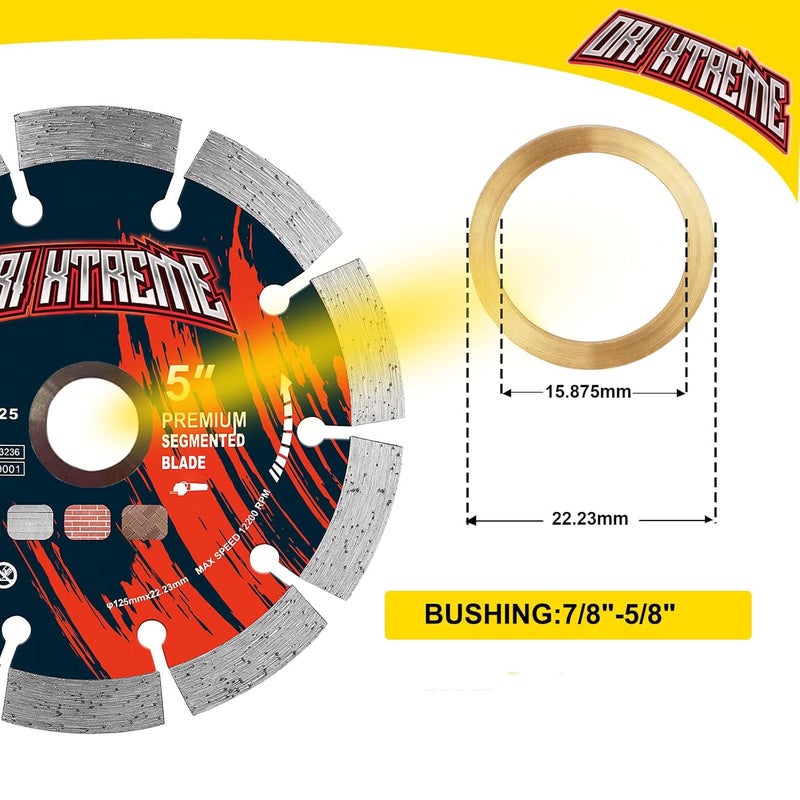 ORIXTREME 5 Inch Diamond Saw Blade, Segmented General Purpose Blade Dry/Wet Cutting Concrete, Masonry, Brick, Block,7/8"-5/8” Arbor - Image 3